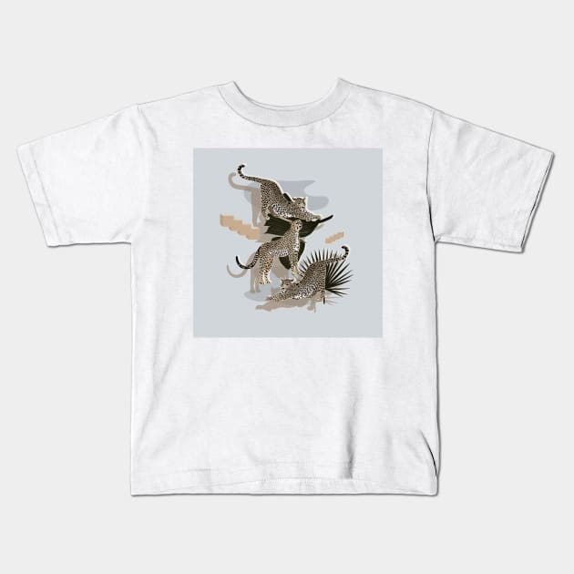 Cheetahs and Tropical Plants Illustration Kids T-Shirt by matise